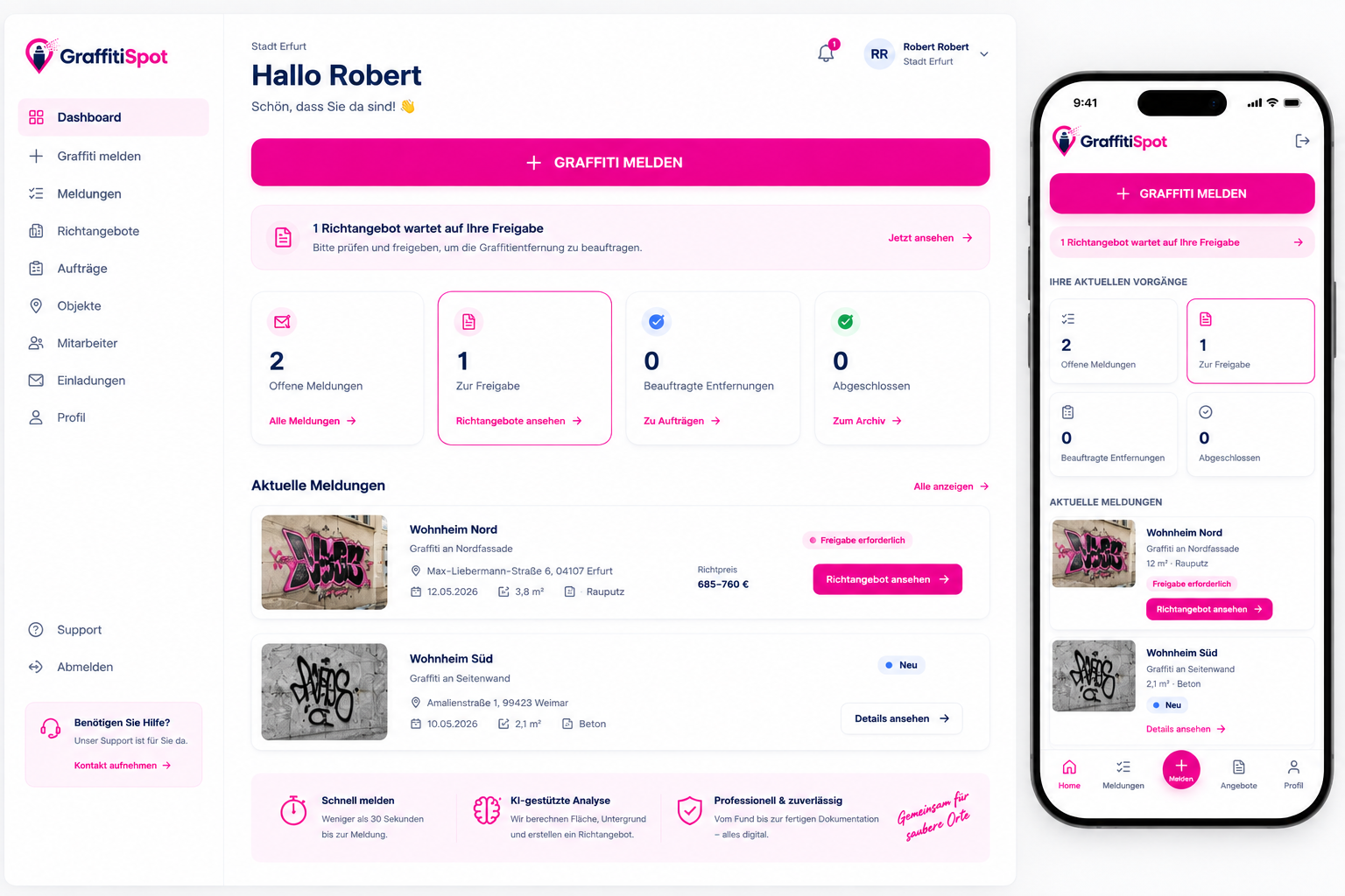 GraffitiSpot Dashboard: Desktop- und Mobilansicht mit Meldungen, Richtangeboten und Status-Übersicht