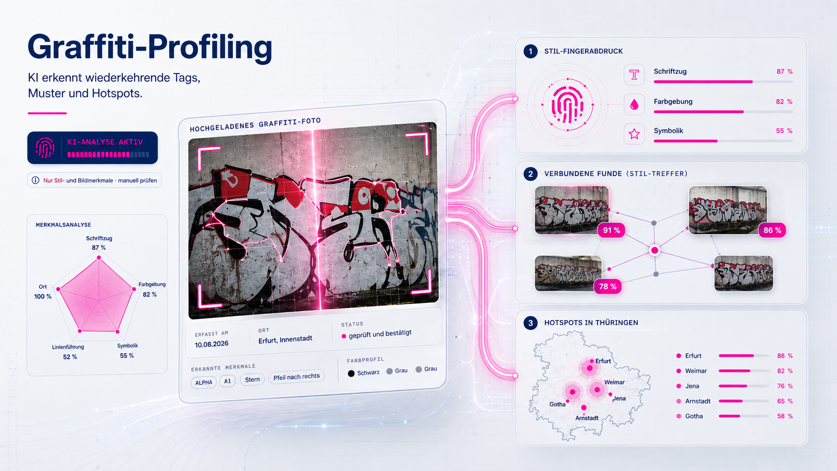Graffiti-Profiling: KI-Analyse mit Merkmalsauswertung, Stil-Fingerabdruck und Hotspot-Karte Thüringen