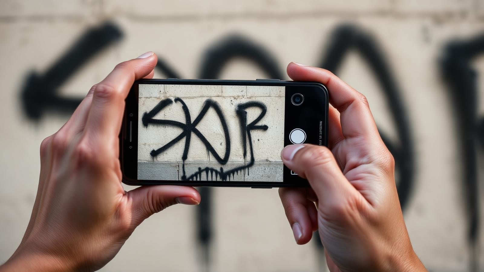 Hände halten ein Smartphone und fotografieren einen schwarzen Tag auf einer hellen Wand