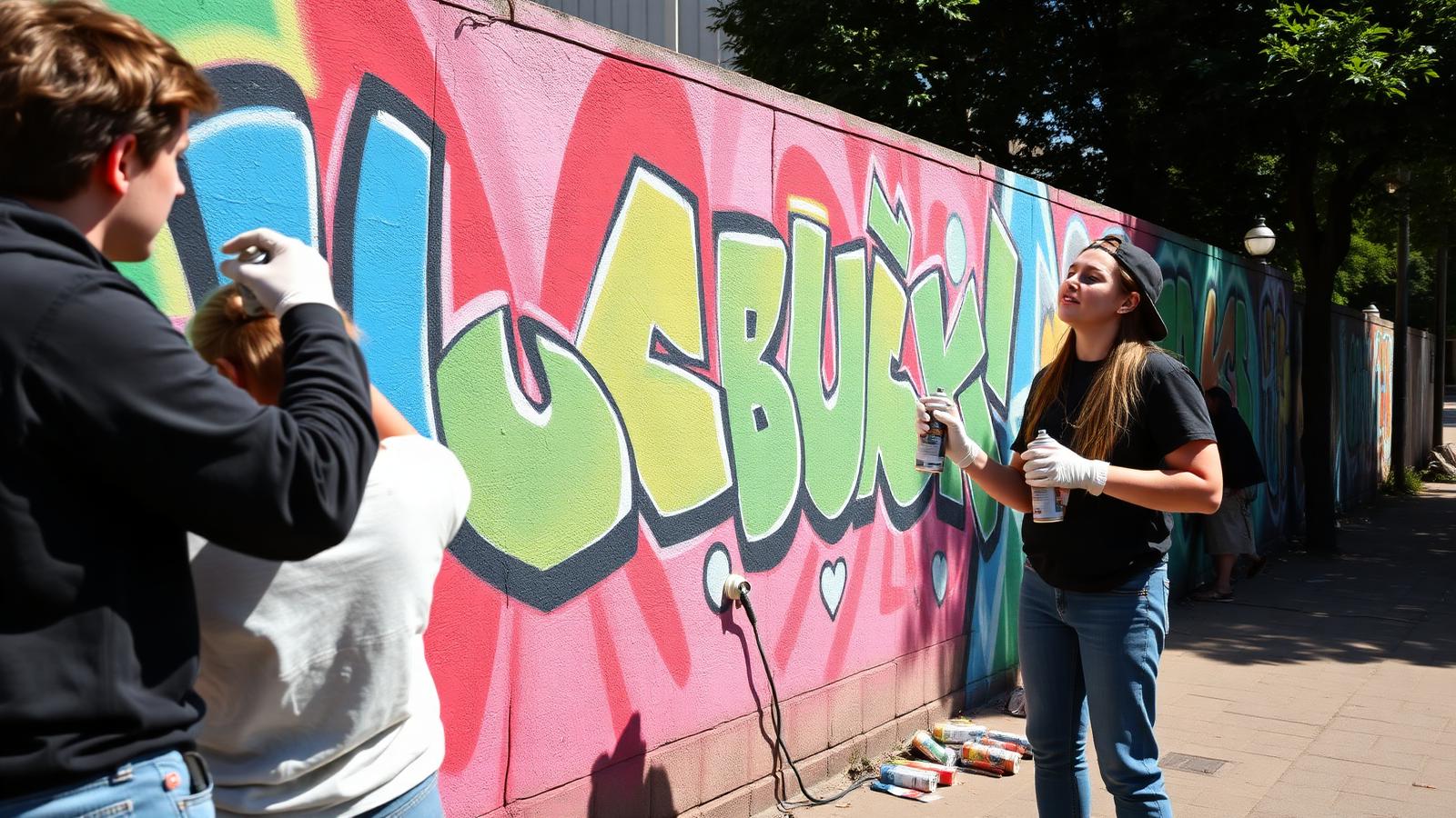 Jugendliche gestalten mit Sprühdosen eine legale Graffiti-Wand in einem Wohnquartier