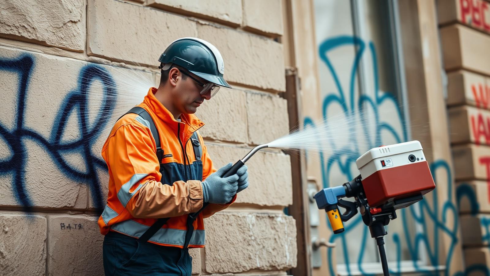 Fachkraft entfernt Graffiti mit Niederdruck-Heißwasserverfahren von einer Sandsteinfassade