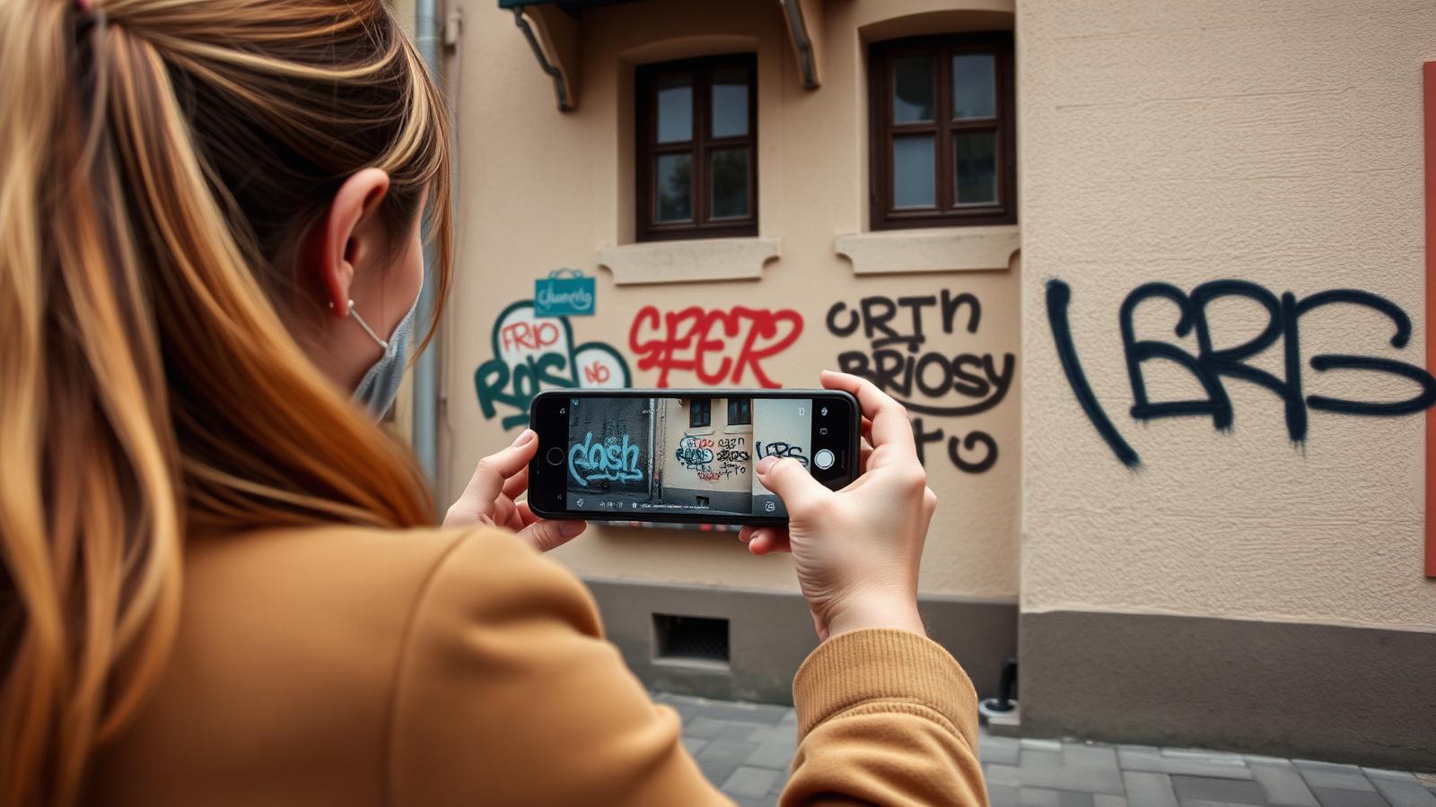 Person fotografiert mit dem Smartphone ein Graffito an einer Putzfassade in einer Altstadtgasse