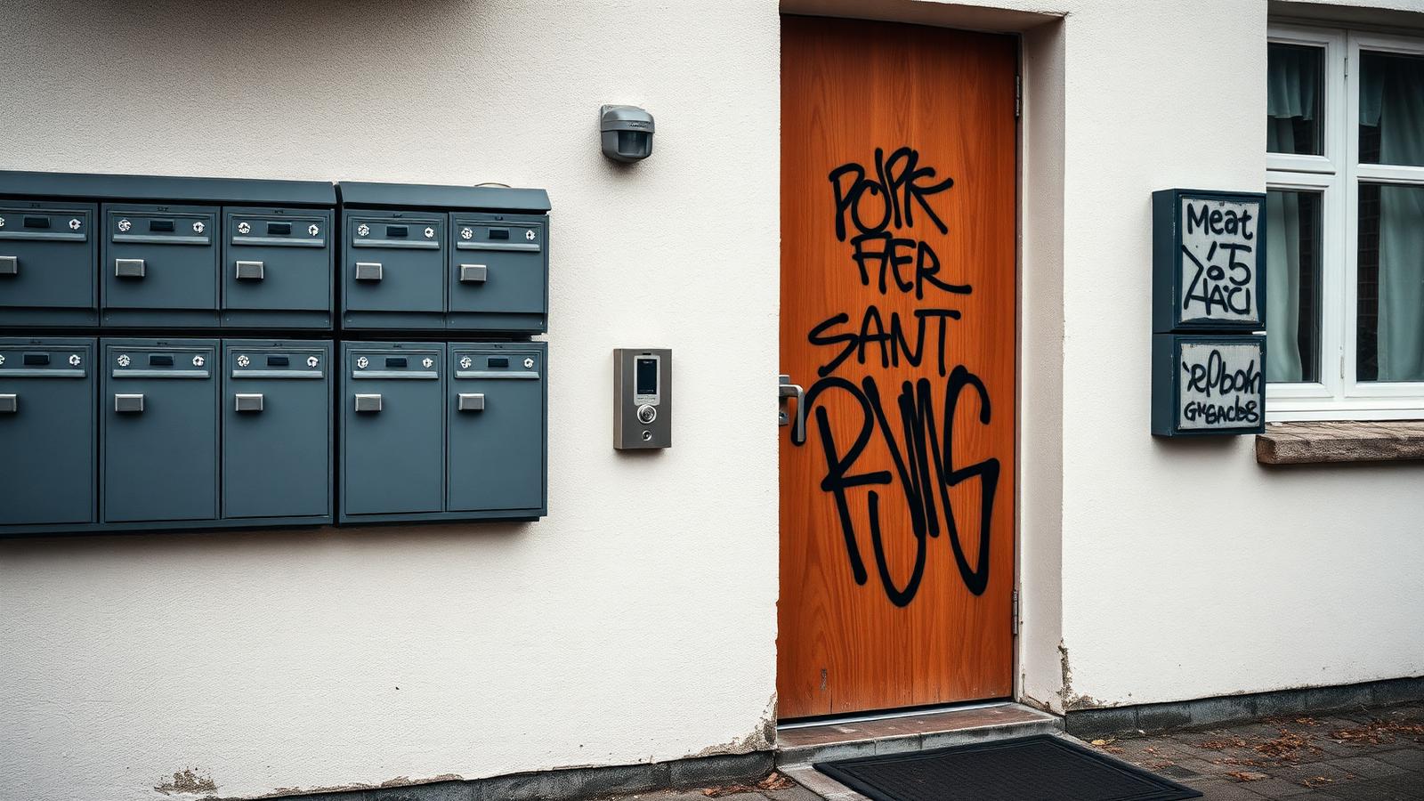 Hauseingang eines Mietshauses mit Briefkastenanlage, Klingelanlage und schwarzen Tags auf der Tür