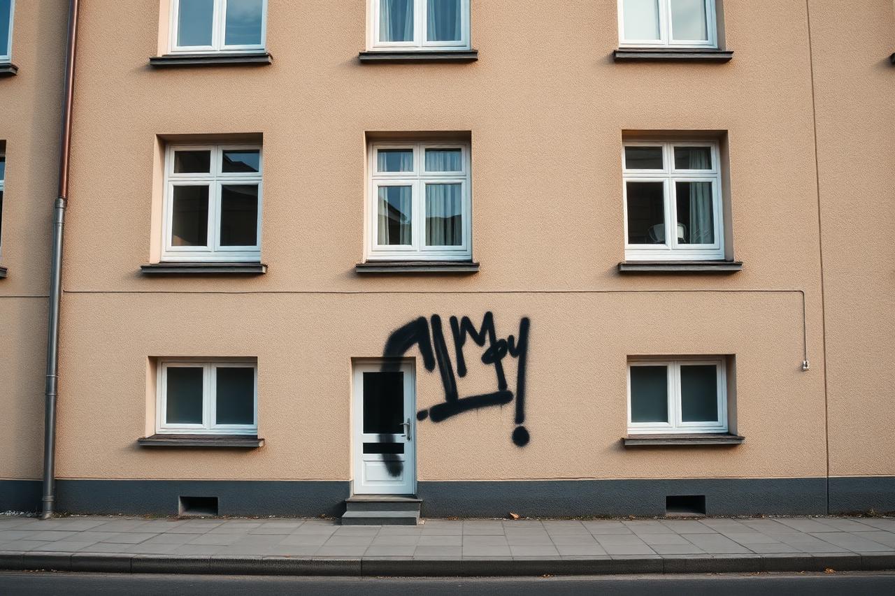 Schwarzer Tag auf einer beigen Rauputz-Fassade im Erdgeschoss eines Mehrfamilienhauses