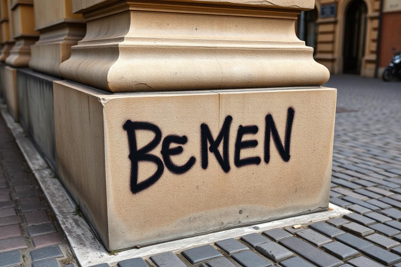 Sandsteinsockel eines Altstadtgebäudes mit dunklem gesprühtem Schriftzug