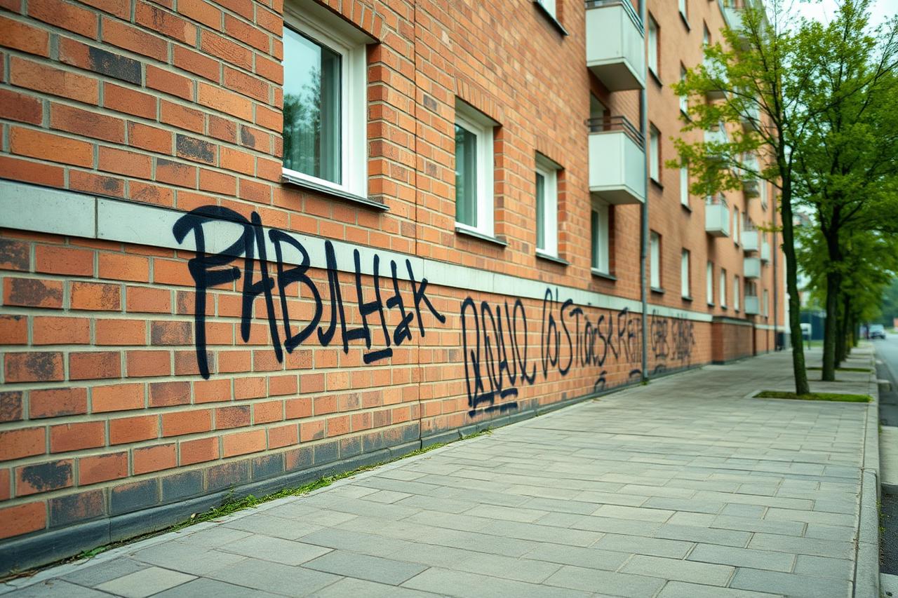 Klinkersockel eines Wohnblocks entlang eines Gehwegs mit mehreren überlagerten Tags