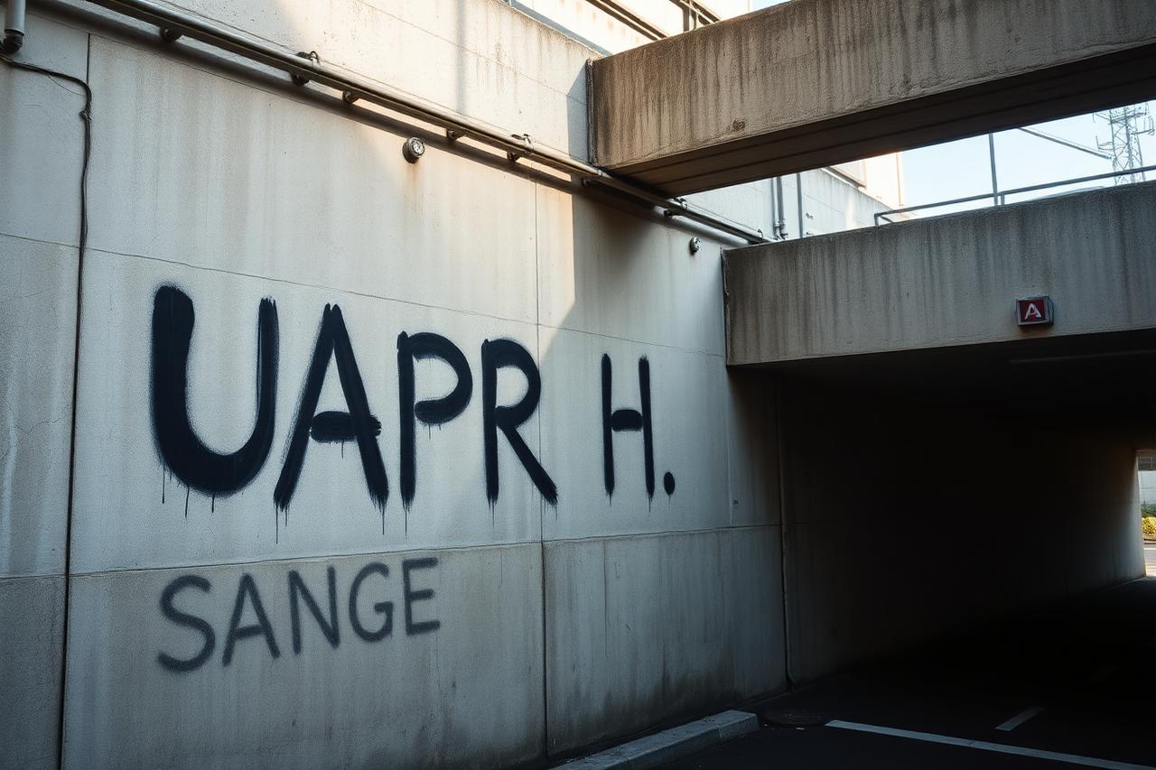 Sichtbetonwand am Tiefgaragenabgang mit großem gesprühtem Schriftzug