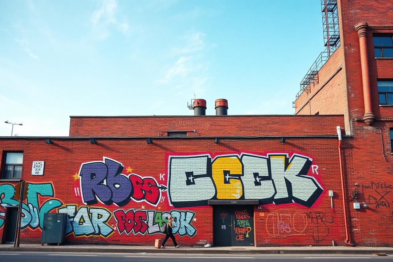 Großflächiges farbiges Graffiti-Piece auf einer Klinkerwand