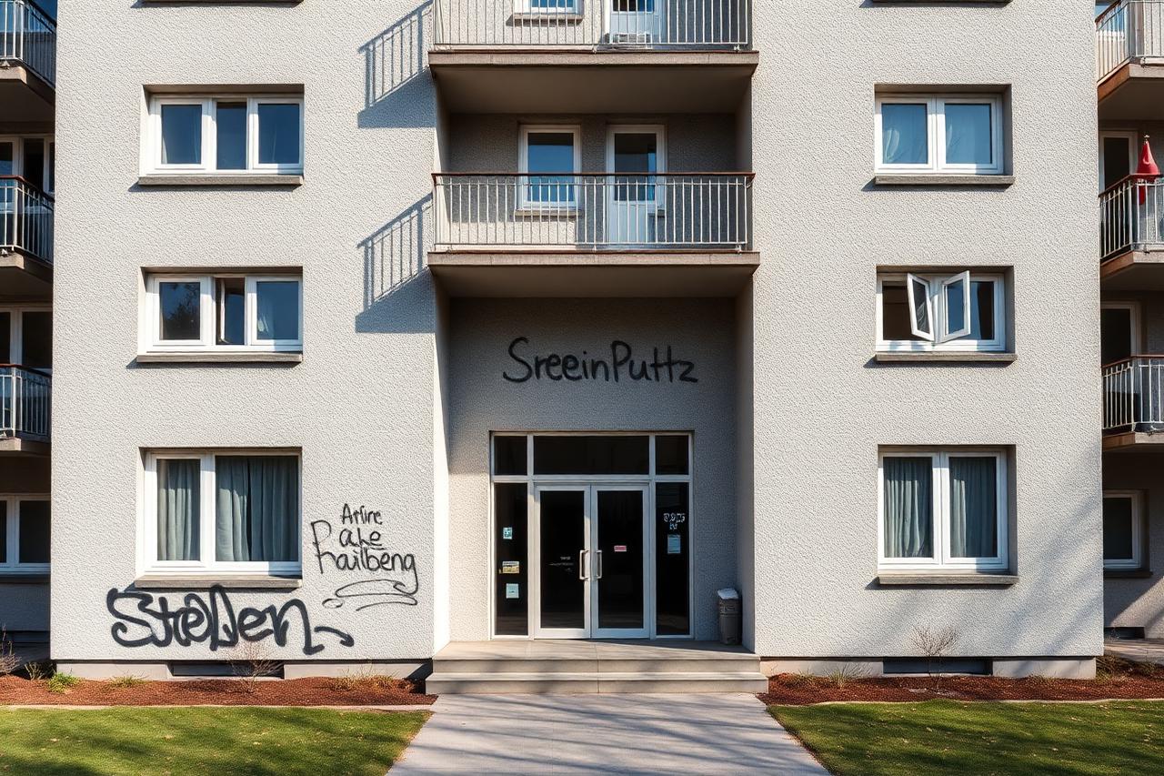 Hellgraue Scheibenputz-Fassade eines Studierendenwohnheims mit Tags am Eingang