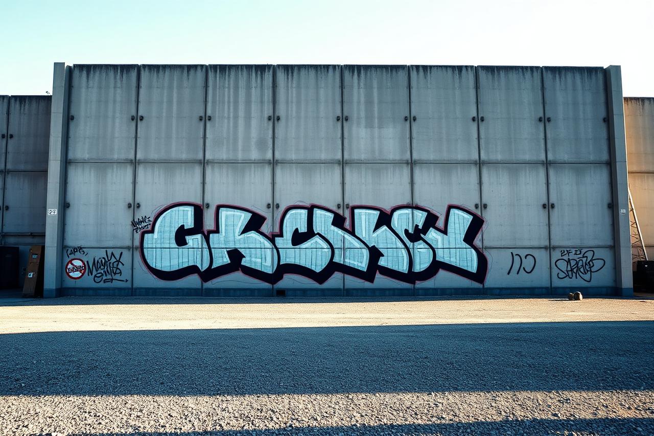 Betonfertigteilwand einer Industriehalle mit flächigem Graffiti