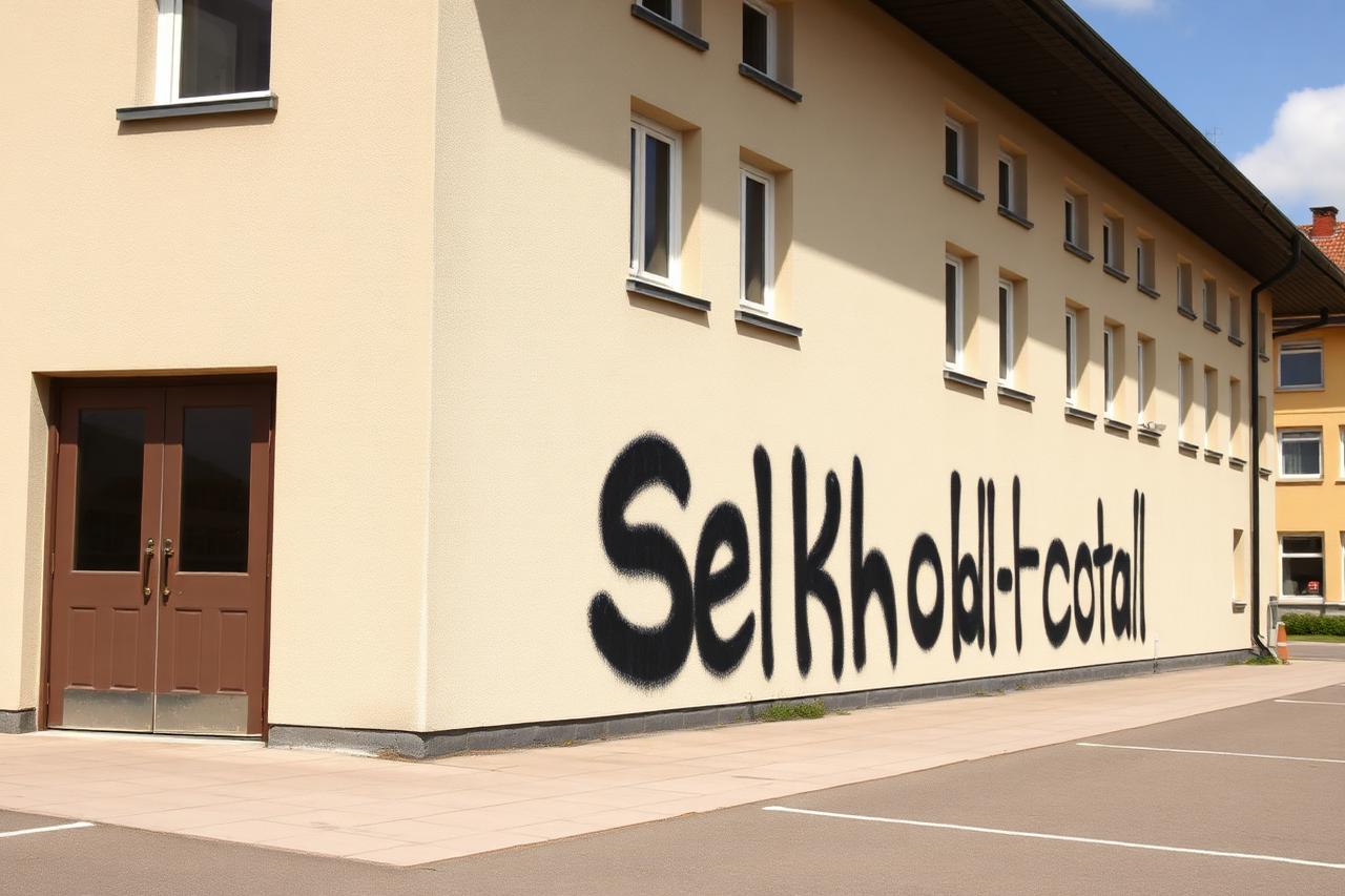 Schulgebäude mit hellem Kratzputz und großem dunklem Schriftzug neben dem Eingang