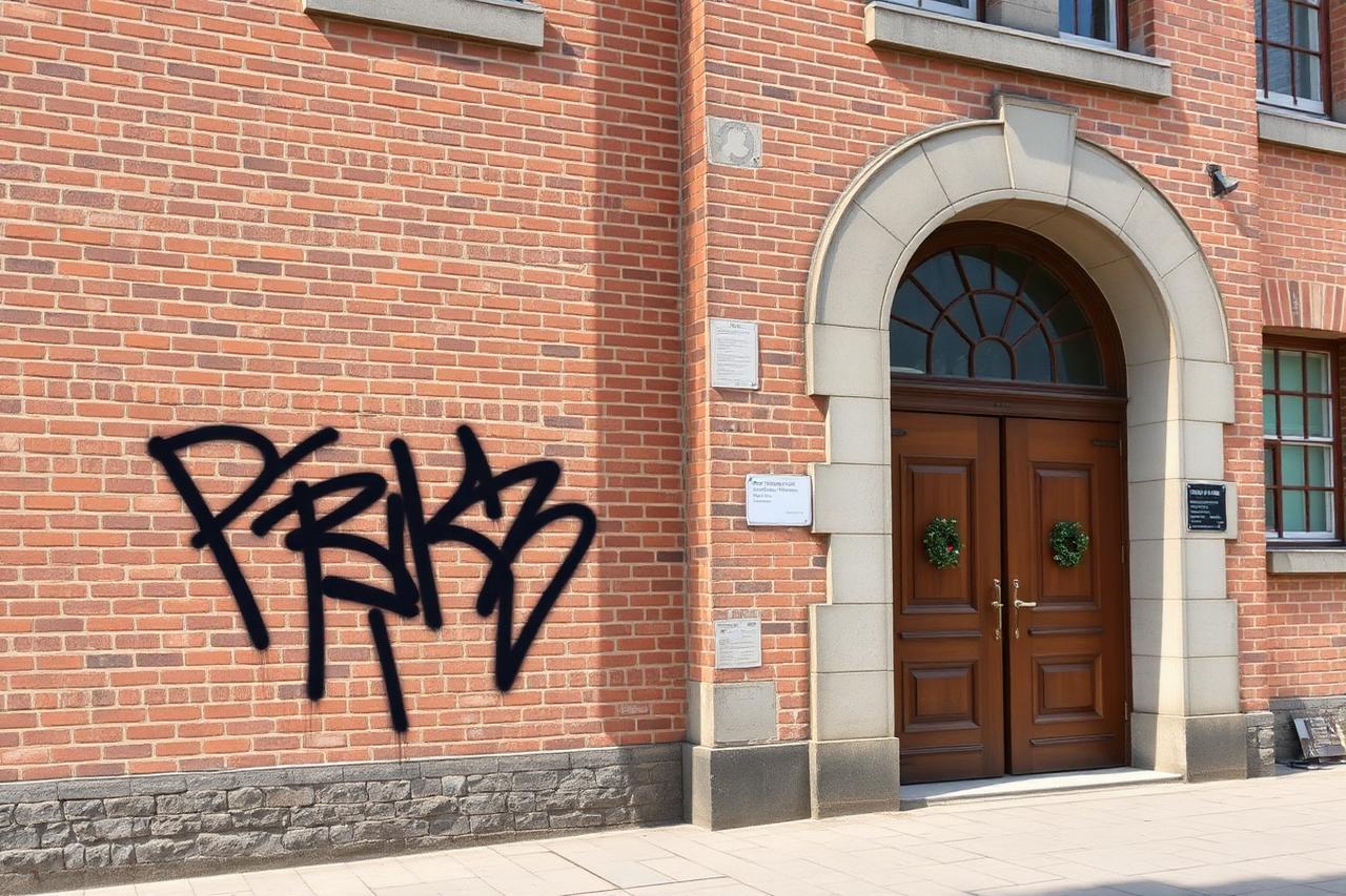 Historische Klinkerfassade eines Bürgerhauses mit schwarzen Tags neben dem Portal