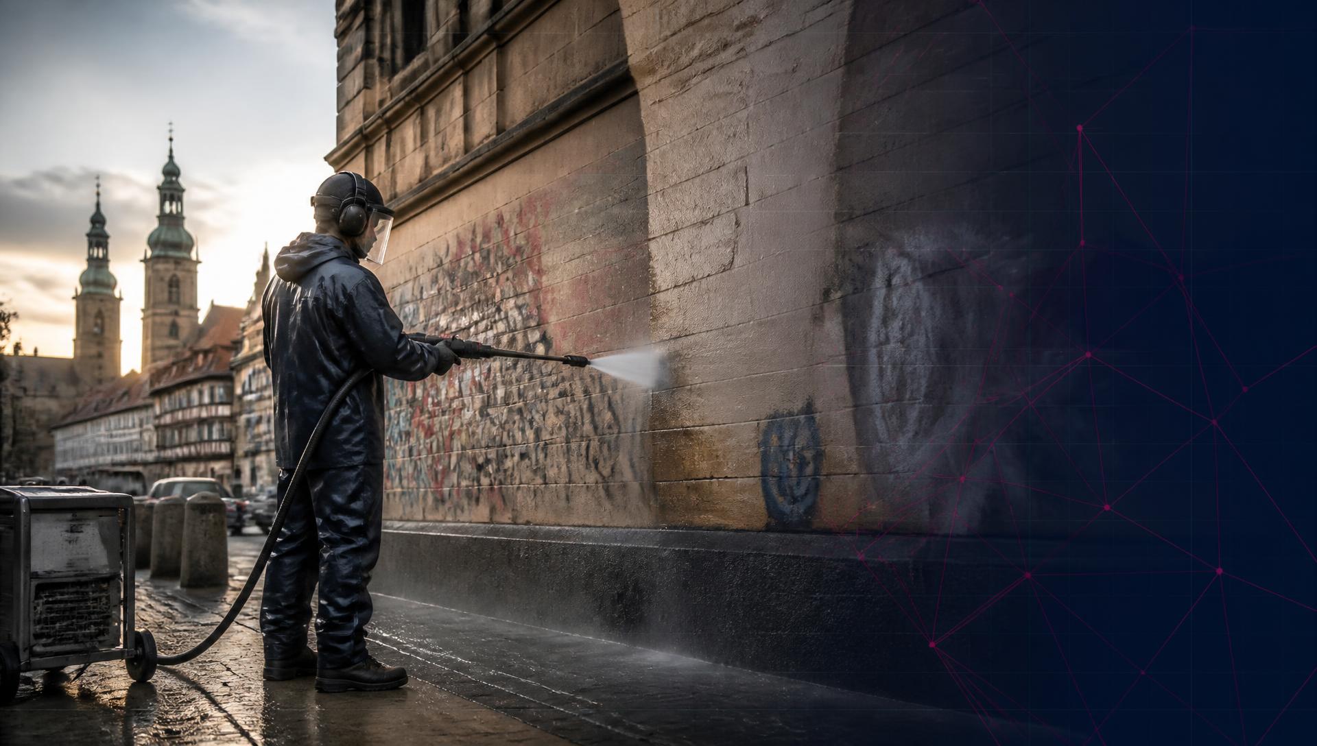 Fachbetrieb entfernt Graffiti mit Hochdruck-Heißwasser von einer Sandsteinfassade in einer Thüringer Altstadt