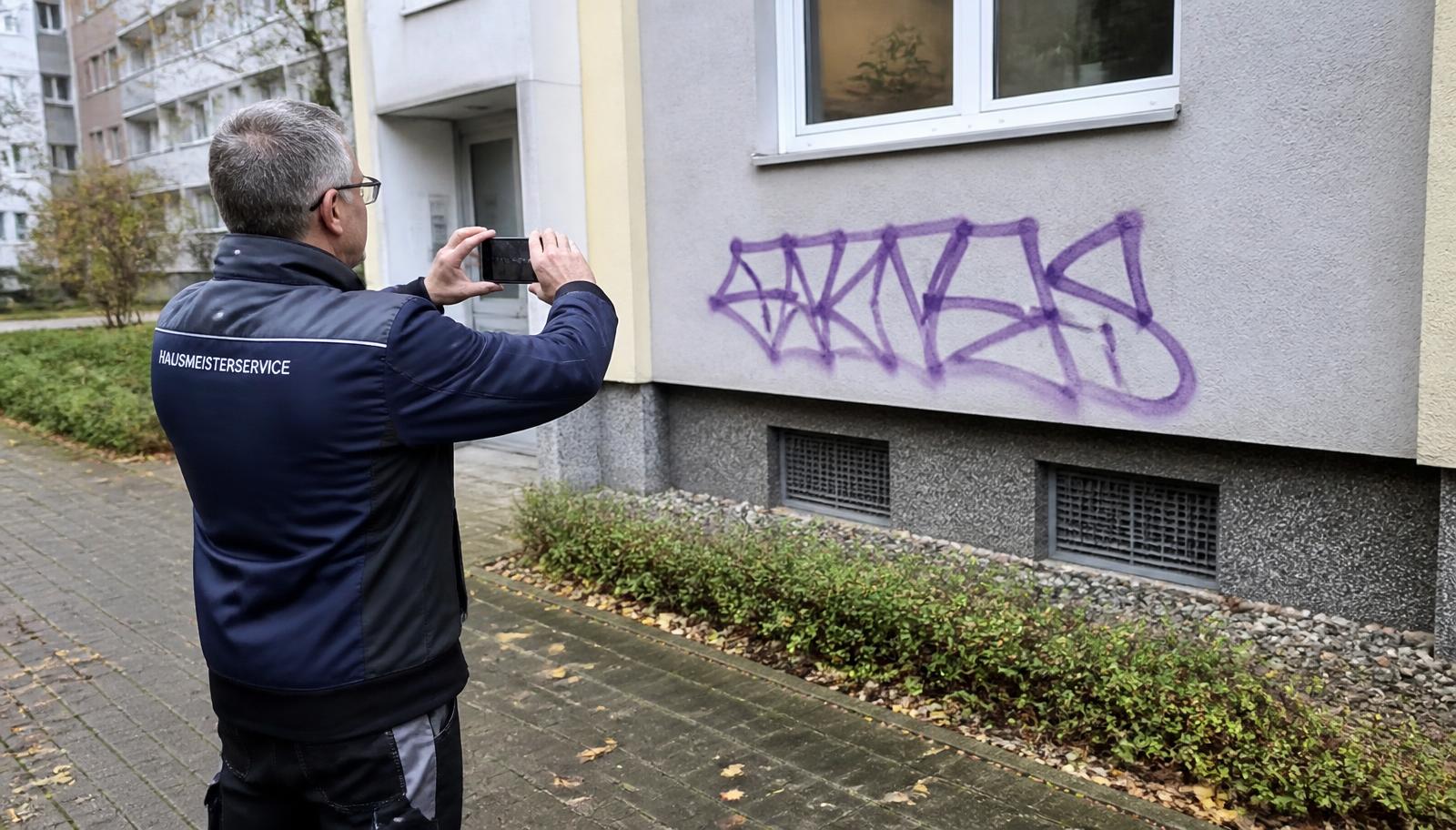 Hausmeister fotografiert mit dem Smartphone ein Graffiti an einer Wohnhausfassade