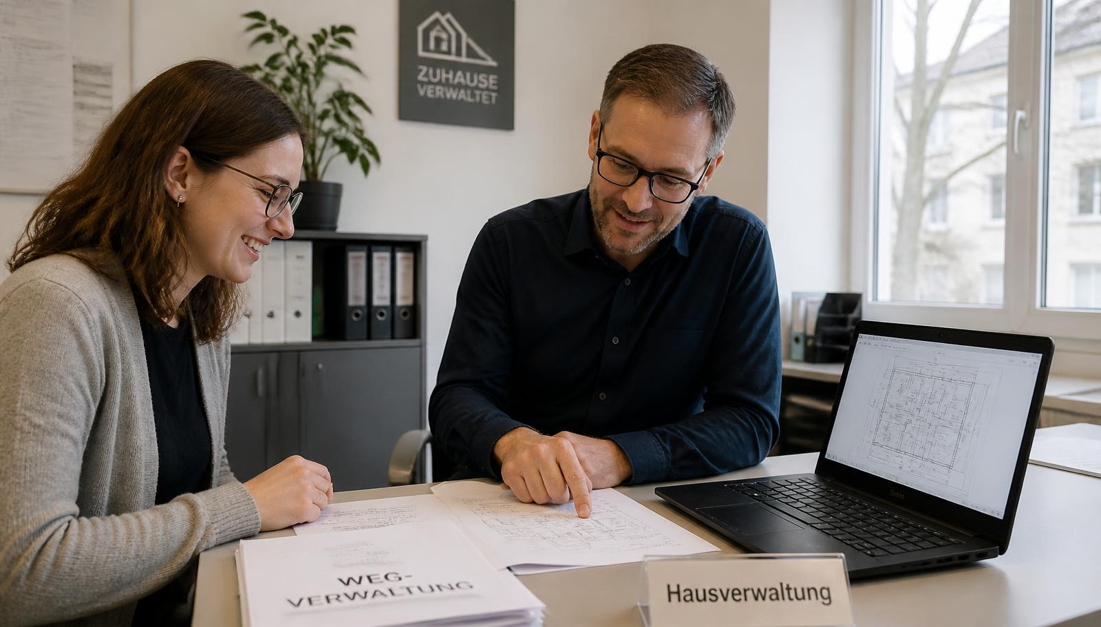 Zwei Mitarbeitende einer Hausverwaltung prüfen am Schreibtisch Objektunterlagen und Grundrisse am Laptop