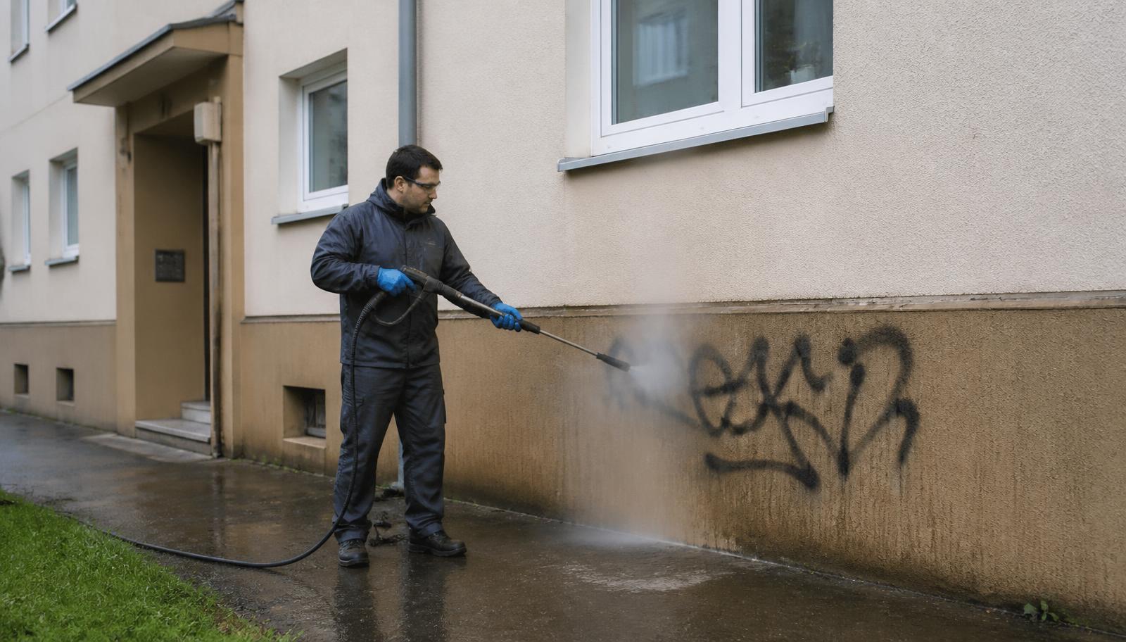 Fachkraft entfernt Graffiti mit Heißwasser-Niederdruckverfahren vom Gebäudesockel