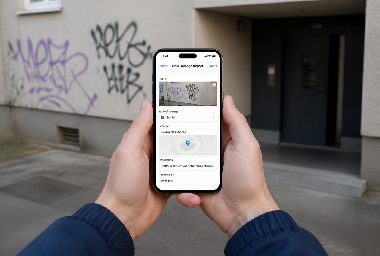 Hausmeister meldet einen Graffiti-Schaden über ein Formular auf dem Smartphone