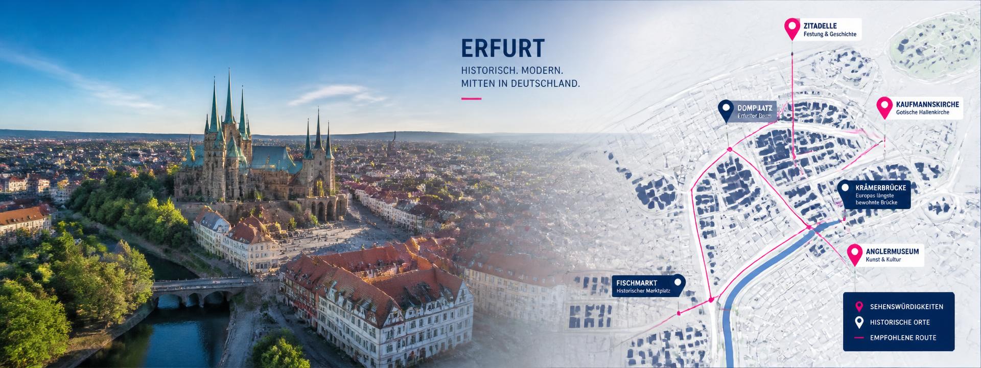 Luftbild einer Thüringer Innenstadt, das in eine Kartenebene mit Standort-Pins übergeht