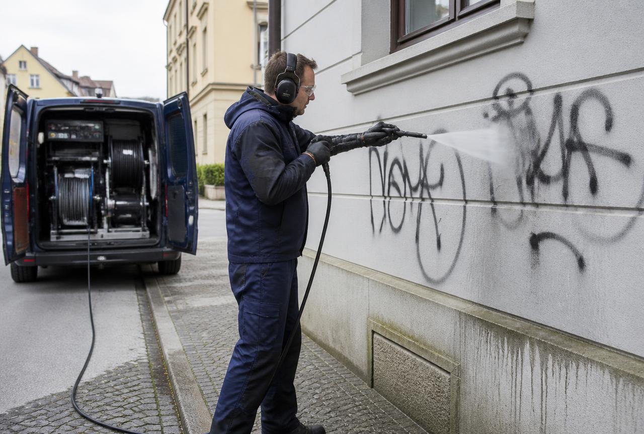 Fachkraft entfernt Graffiti mit Niederdruck-Heißwasser von einer Putzfassade