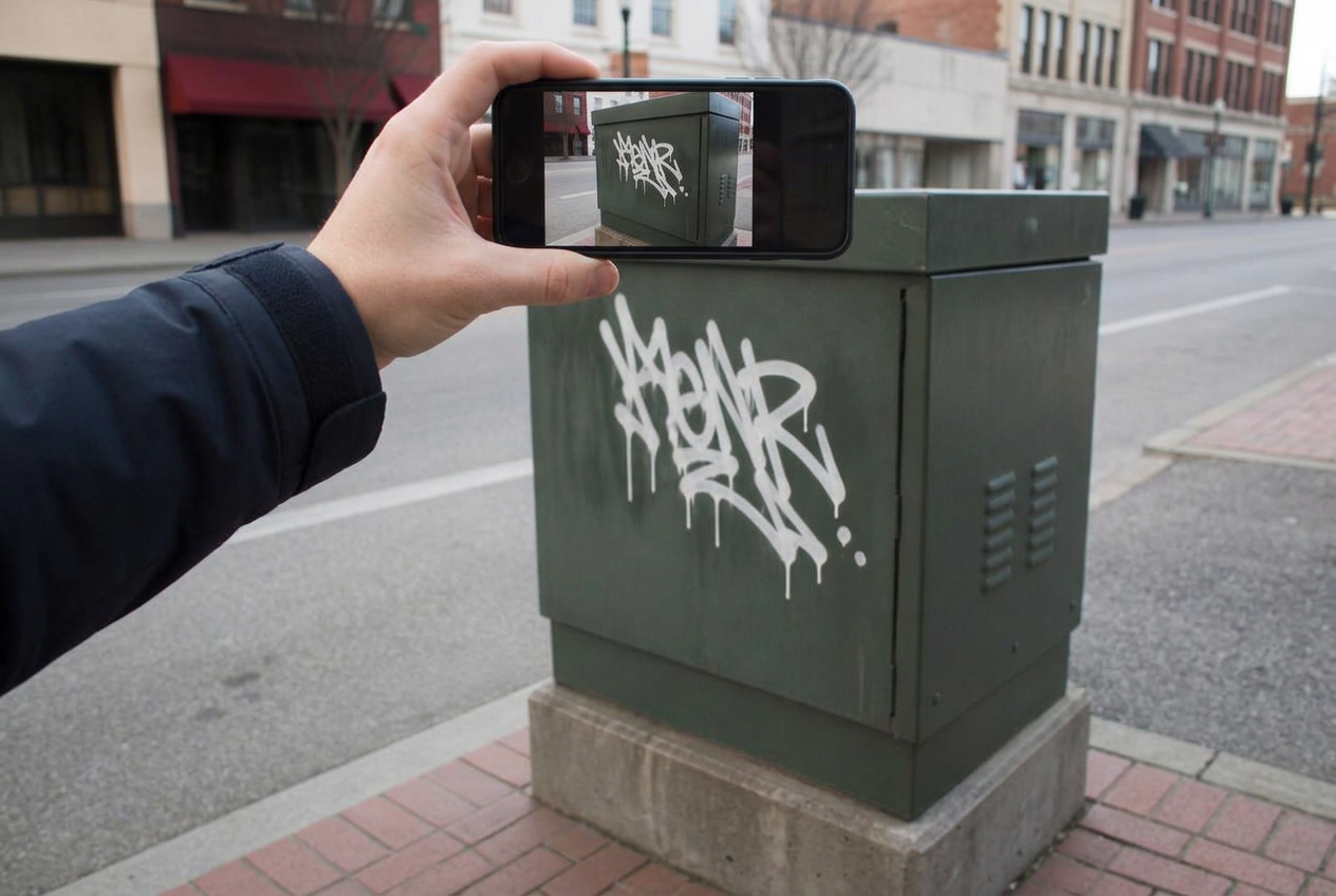 Person fotografiert mit dem Smartphone ein Graffiti an einem Verteilerkasten