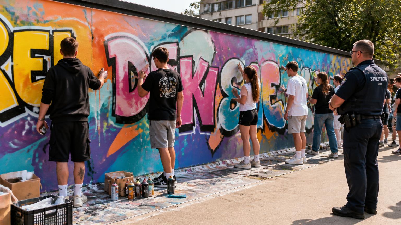 Jugendliche gestalten unter Anleitung eine legale Graffiti-Wand