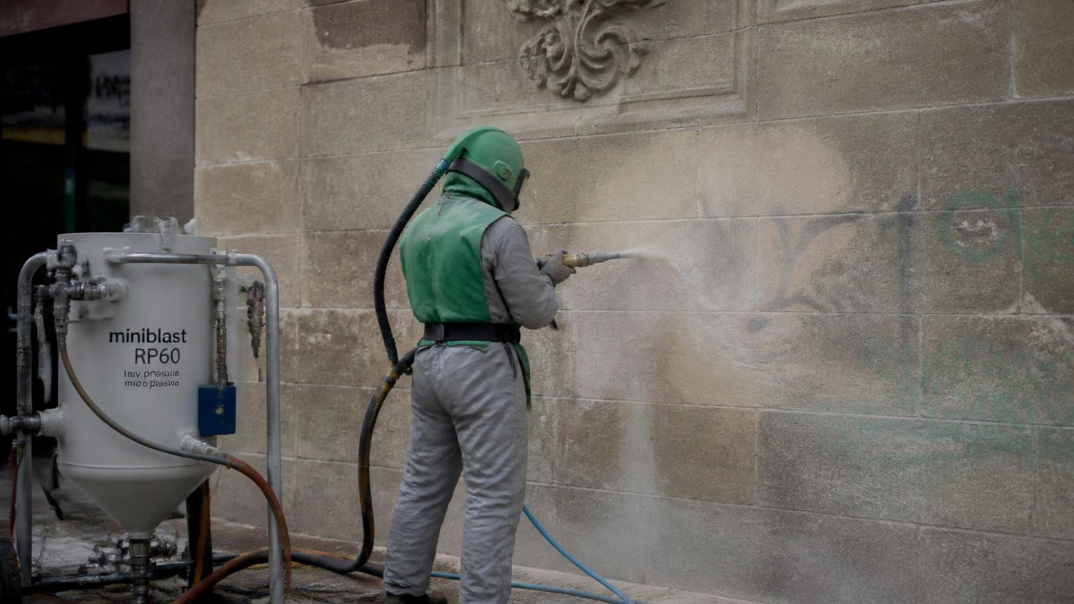 Techniker entfernt Graffiti mit Niederdruck-Partikelstrahlen von einer Sandsteinwand