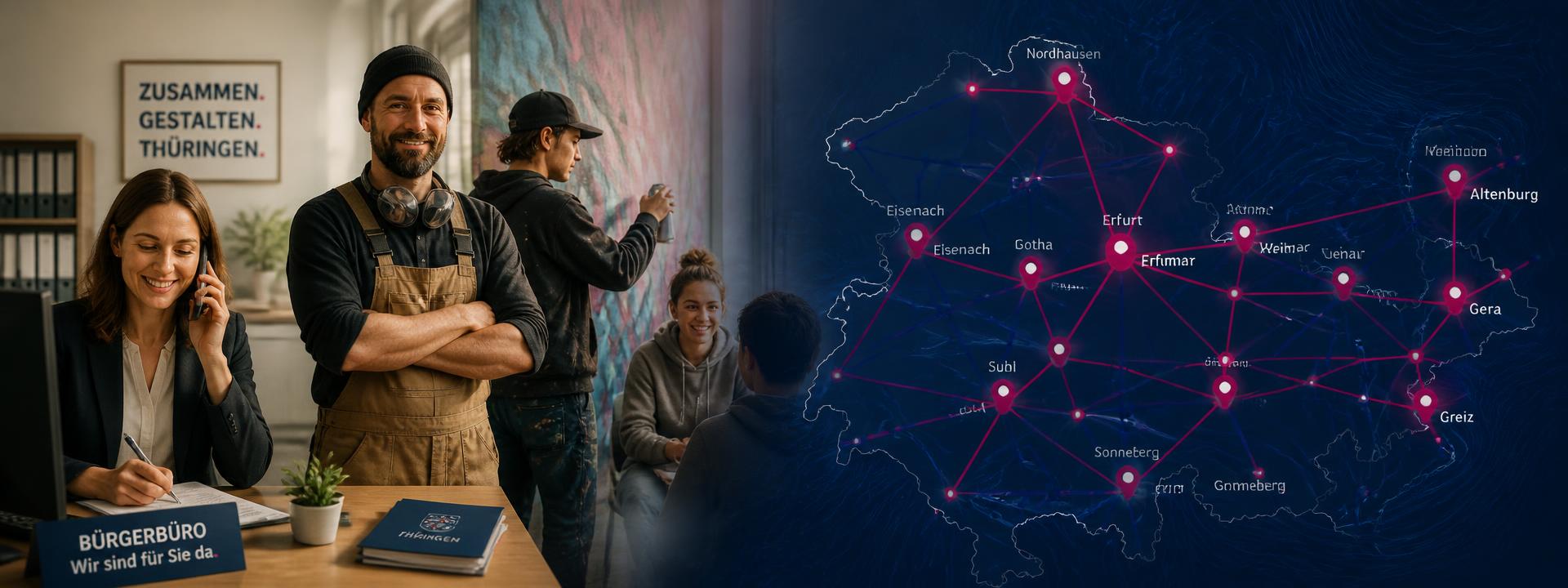 Professionals und Akteure, die in eine Thüringen-Netzwerkkarte mit Verbindungslinien übergehen