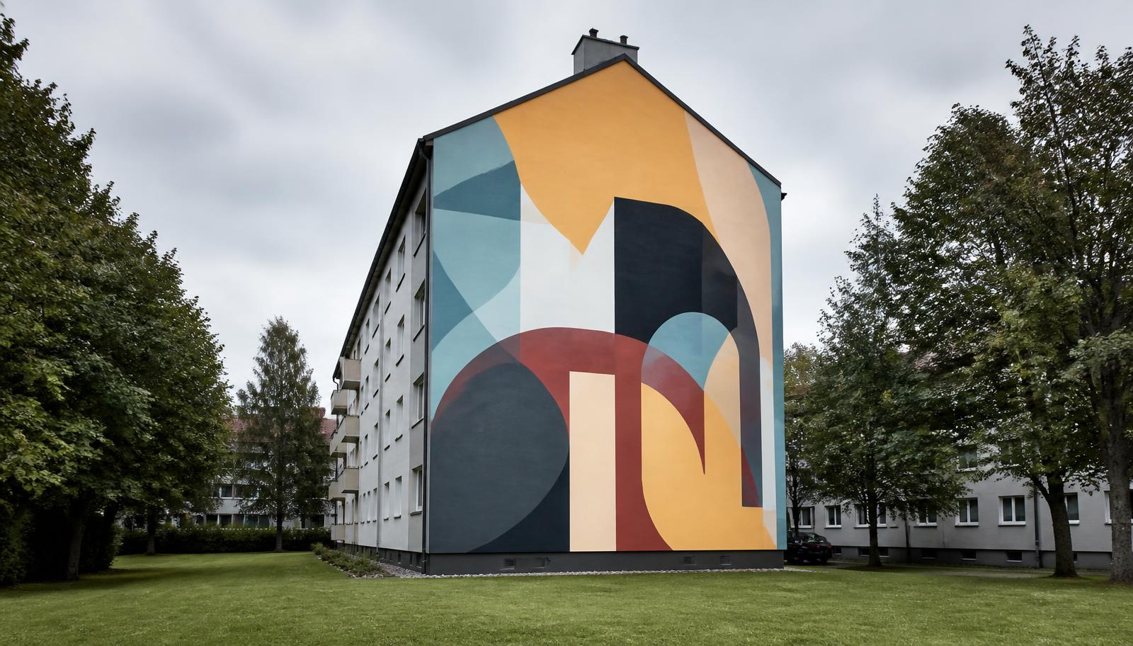 Großformatiges Mural auf der Giebelwand eines sanierten Wohnblocks