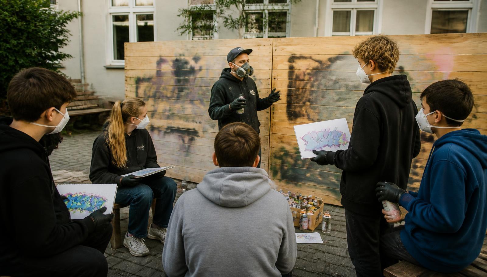 Jugendliche mit Skizzenblöcken und Spraydosen bei einem Graffiti-Workshop mit Anleiter