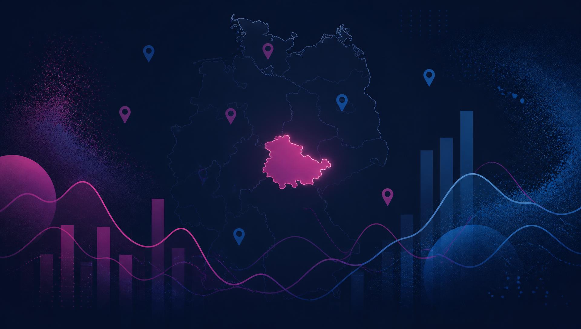 Abstrakte Datenvisualisierung mit Deutschlandkarte, hervorgehobenem Thüringen, Diagrammlinien und Standort-Pins