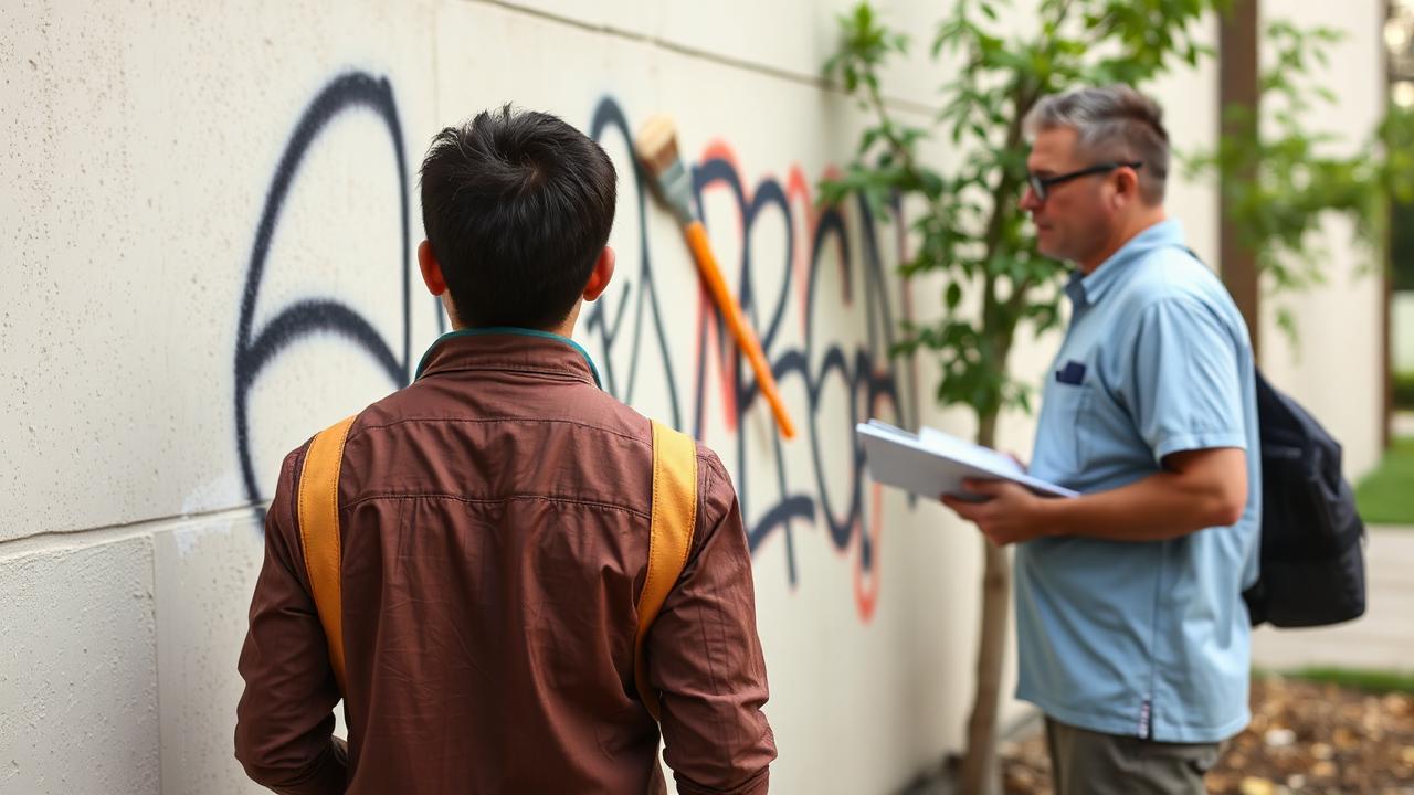 Junger Erwachsener reinigt unter Anleitung eine besprühte Wand