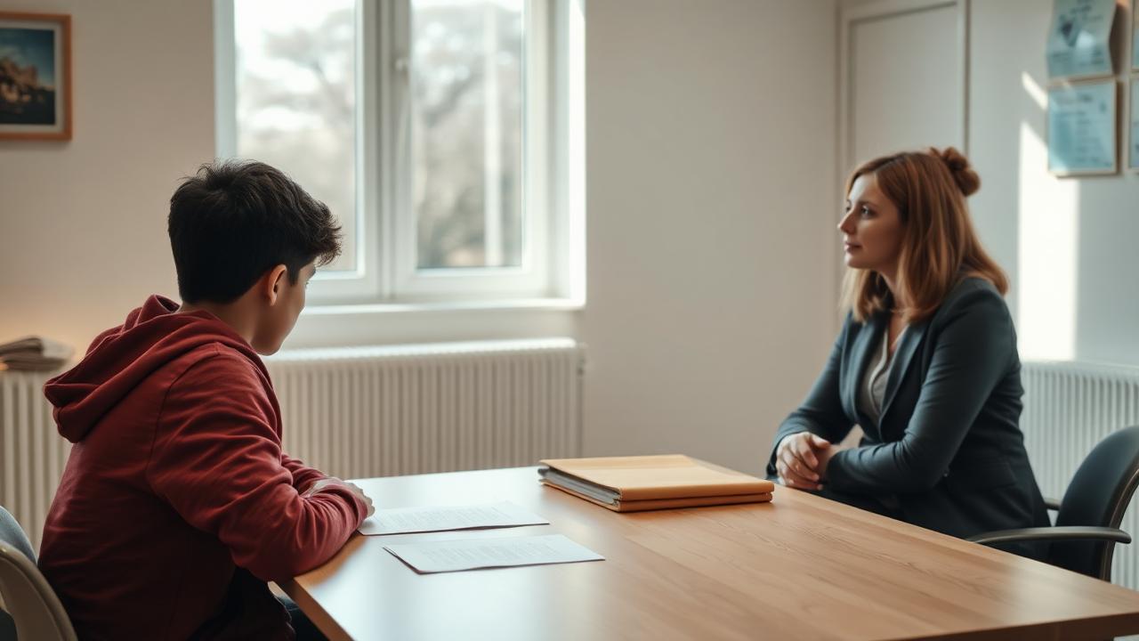 Jugendlicher im Gespräch mit einer Fachkraft der Jugendhilfe an einem Tisch