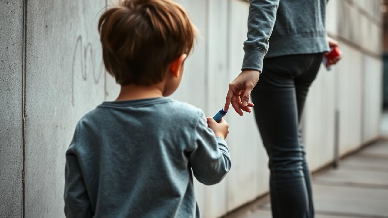 Elternteil führt ein Kind mit Stift von einer bekritzelten Betonwand weg