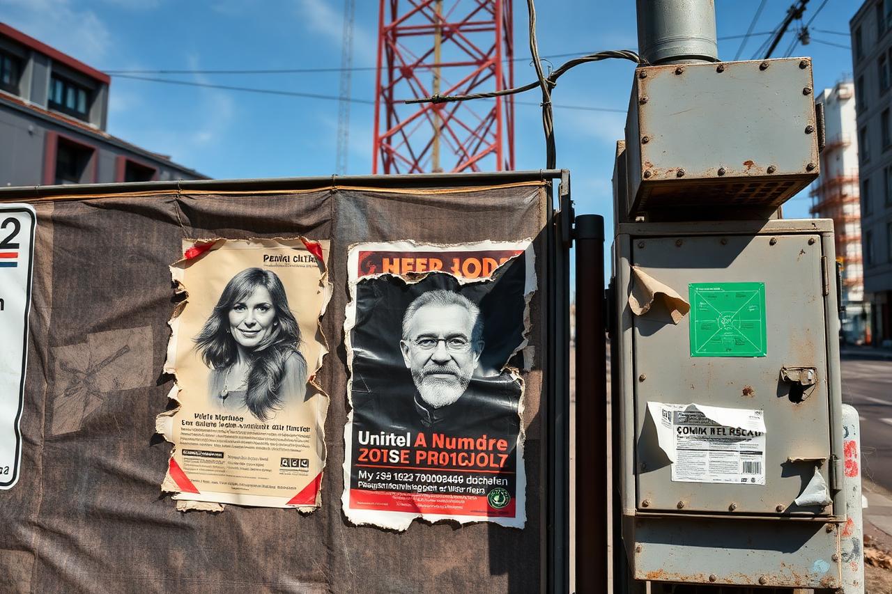 Illegal angebrachte Plakate mit Papier- und Kleisterresten an einem Bauzaun und Stromkasten