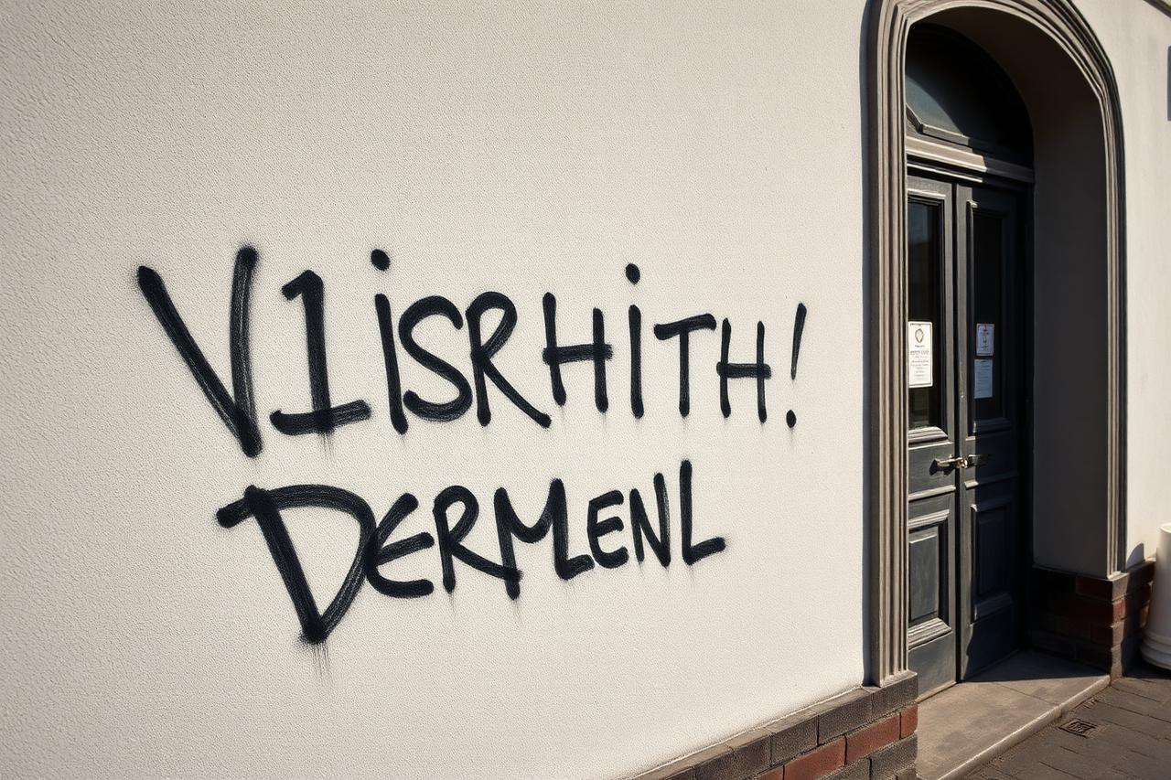Hastig gesprühter dunkler Schriftzug auf einer hellen Putzwand neben einem Hauseingang