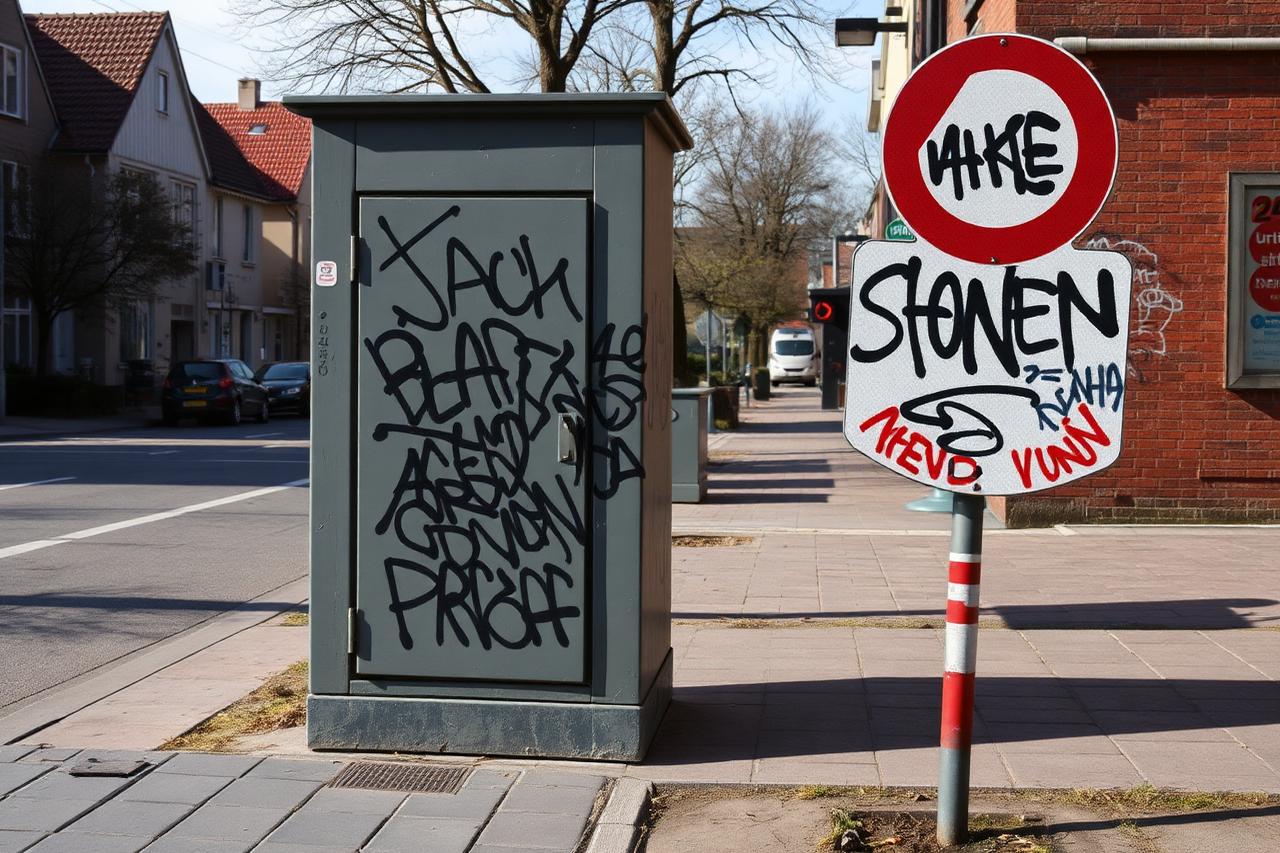 Verteilerkasten und Verkehrsschild mit schwarzen Tags an einem Gehweg