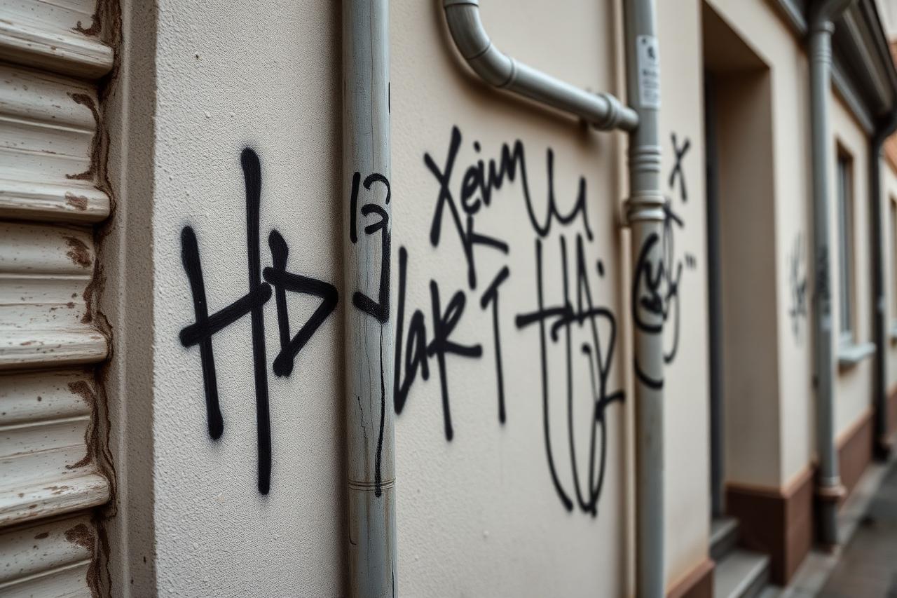 Mehrere schwarze Marker- und Sprühfarbe-Tags auf einer hellen Putzwand und einem Fallrohr